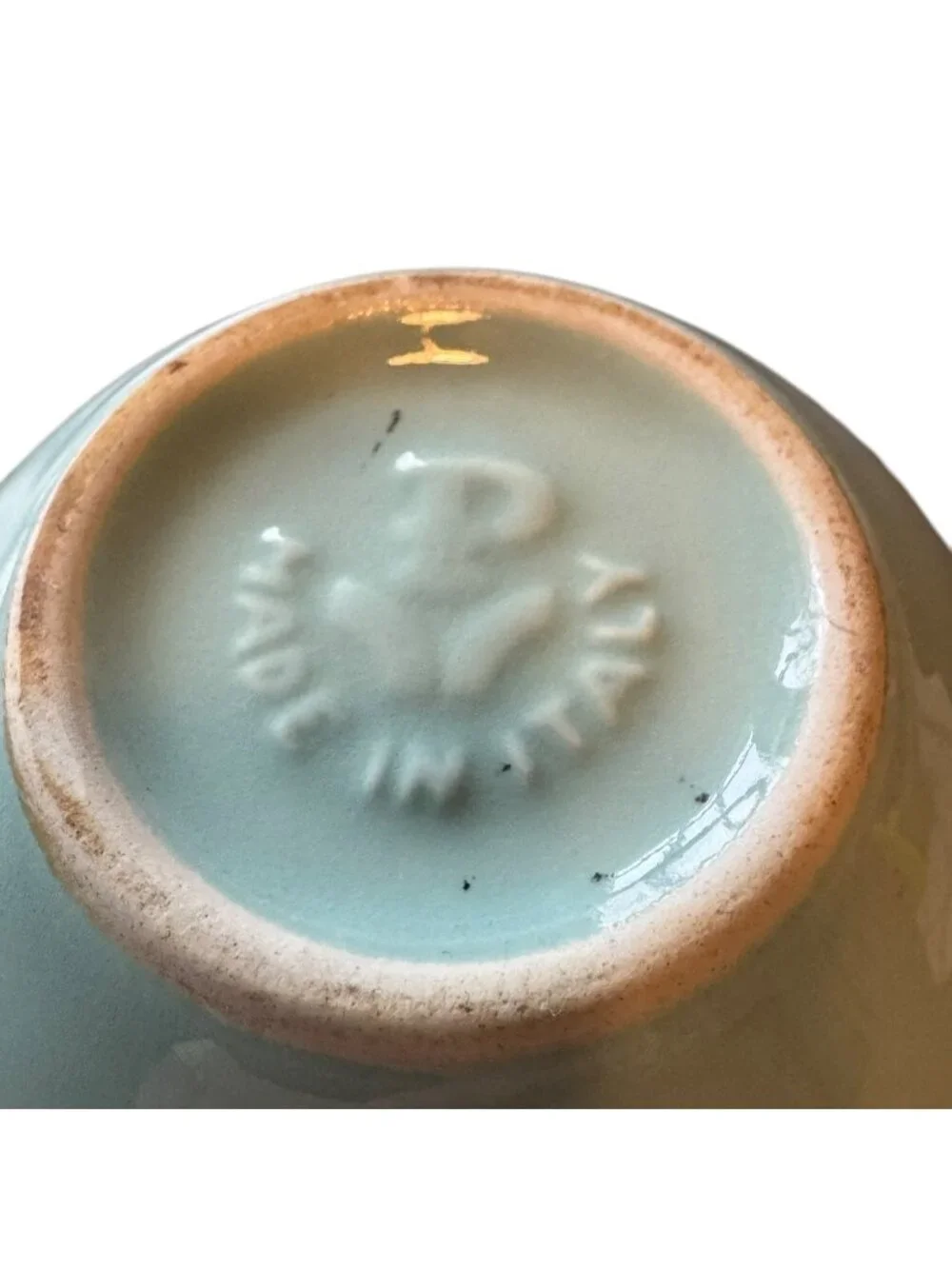 Vintage Italian Ceramic Coffee Cup With Light Blue Glaze & Brown Rim - 3